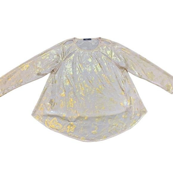 AWESTA Metallic Floral Print Blouse With Front Laser Cutout Blush/Gold Sz Small - Picture 3 of 10